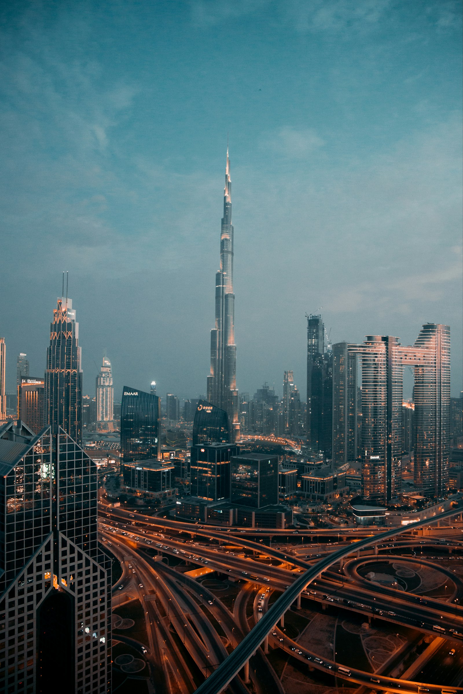 The Dubai skyline at dusk, seen from the water